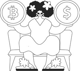Inspirational woman holding bitcoin and dollar coin in her hands. Linear black and white style.
