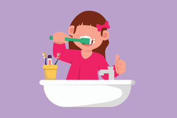 Cartoon flat style drawing happy little girl brushing her teeth with thumbs up gesture. Children routine habit for cleanliness, health, freshness of mouth and teeth. Graphic design vector illustration