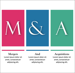 M&A - Mergers and Acquisitions Acronym. Infographic template with Icons and description Placeholder