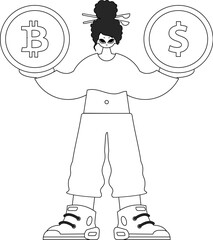 A beautiful woman holds a bitcoin and dollar coin in her hands. Linear black and white style.