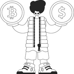 Inspiring man holding bitcoin and dollar coin in his hands. Linear newspaper black and white style.