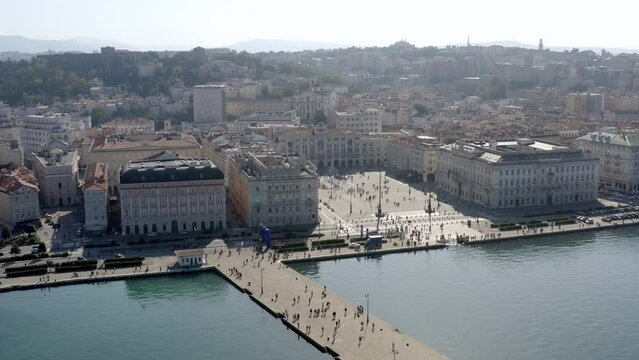 aerial drone shot of piazza unit&agrave; italia trieste italy and molo audace an sea