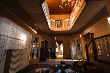 interior of an abandoned hotel lobby