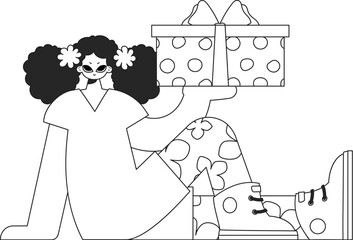 An attractive woman is holding a gift box. Black and white style.