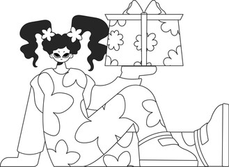An attractive woman is holding a gift in her hands. Linear style character.