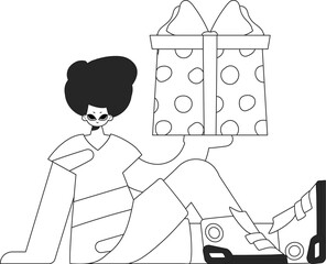 Inspirational man holding a gift box. Black and white style.