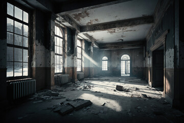 An interior view of the building's deteriorated architecture in the wintertime shows a depressing ambiance. Generative AI