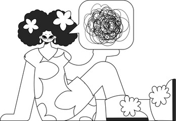 Distressed woman demonstrates confused thoughts. Theme of psychology. Linear black and white style.