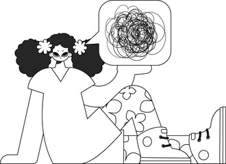 Anxious woman demonstrates confused thoughts. Theme of psychology. Linear black and white style.