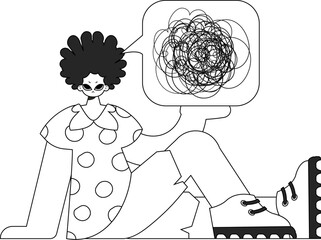 Displeased man demonstrates confused thoughts. Theme of psychology. Linear newspaper black and white style.