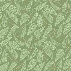 White decorative contour doodle leaves on a green background. Line art doodle tree leaf in seamless pattern