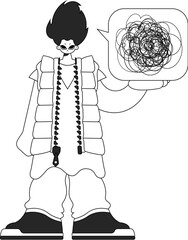 Worried man shows confused thoughts. Theme of psychology. Newspaper black and white style.