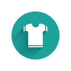 White T-shirt icon isolated with long shadow. Green circle button. Vector Illustration