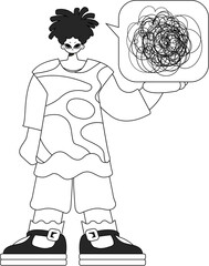 Worried man shows confused thoughts. Theme of psychology. Linear newspaper black and white style.