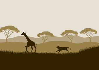 Fototapeta na wymiar Giraffe and leopard silhouettes in the African savanna. vector illustration for background