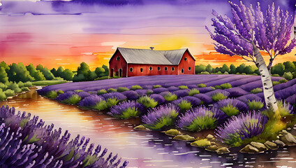 lavender field at sunset watercolor painting generative AI