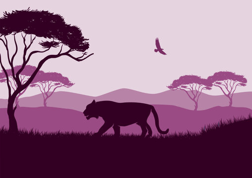 Silhouette of a lion landscape in the African savannah. Vector illustration