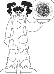 Anxious woman demonstrates confused thoughts. Theme of psychology. Linear newspaper black and white style.