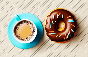 Coffee with Chocolate Donut Background Top View