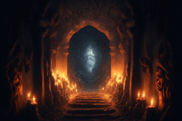 eerie, never ending medieval catacombs lit by flames. Concept of a mystical nightmare. Generative AI