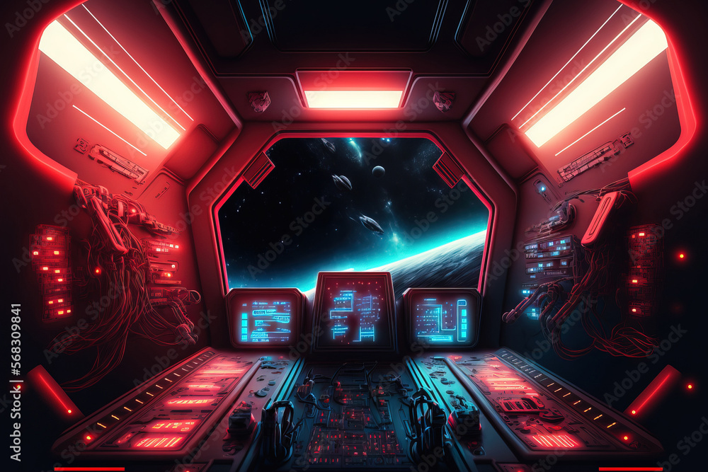 Poster interior of a dark spaceship with blazing red and blue lights. futuristic spacecraft with a huge win