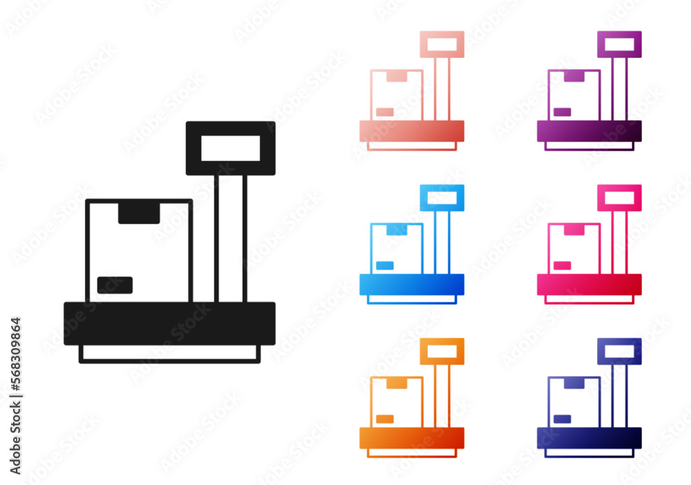 Poster black scale with cardboard box icon isolated on white background. logistic and delivery. weight of d