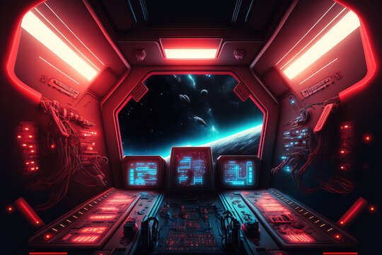 Interior of a dark spaceship with blazing red and blue lights. futuristic spacecraft with a huge window and control consoles for viewing planets in space. Generative AI
