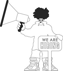 An experienced HR specialist man holds a megaphone in his hands. HR topic. Linear newspaper black and white style.