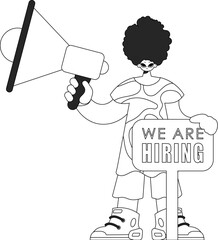 Skilled HR specialist man holding a megaphone in his hands. HR topic. Newspaper black and white style.