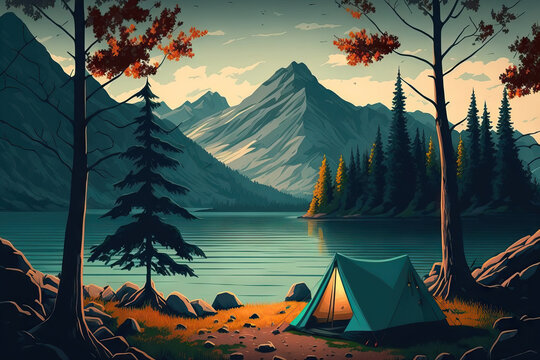 A blue lake and mountains can be seen in the backdrop, and a green tent is positioned beneath a tree. Camping in the fall. Generative AI