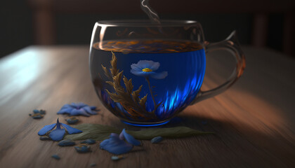 Obraz na płótnie Canvas Fresh Glass of Blue Tea on a wooden table, visible tea leaves, infusion tea, dark background, focus on drink, blue leaf, brewing tea, teapot, tea saucer, kettle