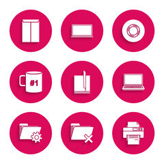 Set File document, Delete folder, Printer, Laptop, Folder settings with gears, Coffee cup flat, Scotch and Envelope icon. Vector