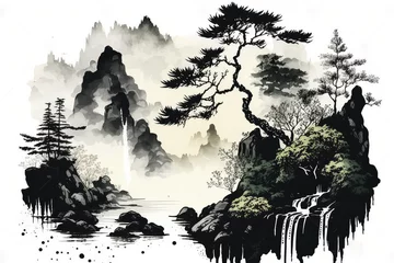 Foto op Canvas Chinese landscape illustration painting. (ai generated) © ImagineDesign