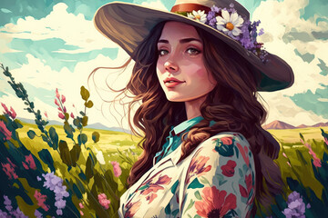 Beautiful young woman outdoors enjoying the scenery. Fashionable young woman in a meadow wearing a fashionable hat and floral clothing. Generative AI