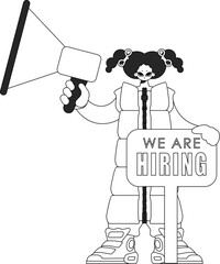 Capable HR specialist woman holding a megaphone in her hands. HR topic. Linear newspaper black and white style.