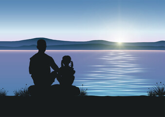 Fototapeta na wymiar Silhouette of father and daughter sitting looking sunrise with lake background vector illustration