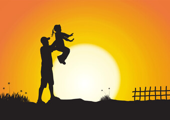 Silhouette of father and daughter playing on sunrise background vector illustration