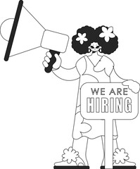 A trained HR specialist woman holds a megaphone in her hands. HR topic. Linear black and white style.