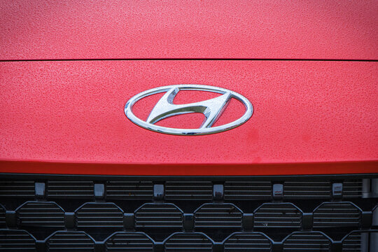 Bednary, Poland - September 25, 2021: Agroshow. Car with Hyundai brand logo. Detail and part of vehicle