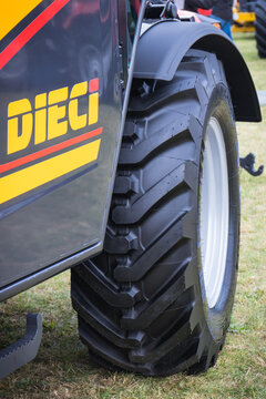 Bednary, Poland - September 25, 2021: Agroshow. Dieci brand loader or telehandler machine. Manufacturer agricultural equipment. Detail and part of vehicle
