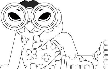 Capable HR woman looking through binoculars. HR topic. Linear newspaper black and white style.