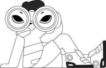 Skilled HR specialist man looks through binoculars. HR topic. Linear black and white style.