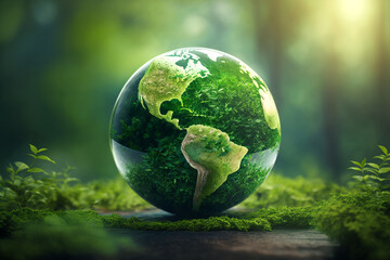 grüne Weltkugel mit Kontinenten mit natürlichen grünen Hintergrund, generative AI - obrazy, fototapety, plakaty