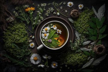 a top view perspective of herbal tea with a background of herbs and ingredients. Generative AI