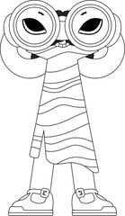 Qualified HR specialist woman looks through binoculars. HR topic. Linear black and white style.