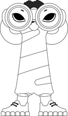 Qualified HR specialist woman looks through binoculars. HR topic. Linear newspaper black and white style.