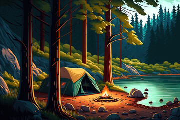 tourist camp in the woods. Generative AI