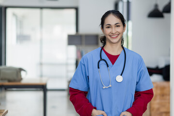 Portrait of professional doctor woman at hospital. Latin nurse, Smiling female doctor in lab coat.