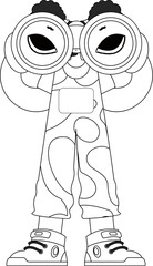 Adept HR specialist woman looking through binoculars. HR topic. Linear newspaper black and white style.