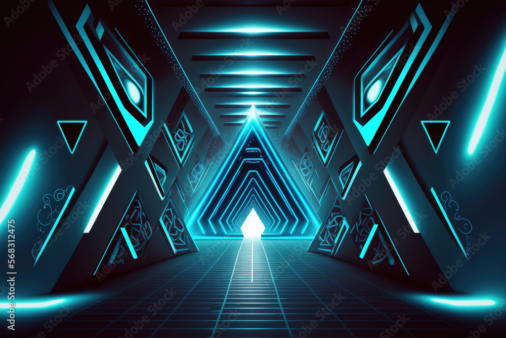 Poster space station background with triangle shaped spaceship. a corridor in a futuristic building with bl